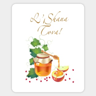 Rosh Hashanah - Jewish New Year. Text "L'Shana Tova!" on Hebrew - Have a sweet year. Honey and apple, pomegranate, exotic flowers green grapes leaves ornaments vintage Judaica Rosh Hashana Sticker